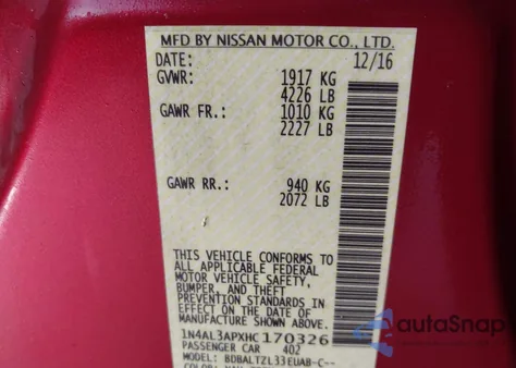 2017 Nissan Altima 2.5 Sl z USA, uszkodzony, nr VIN 1N4AL3APXHC170326